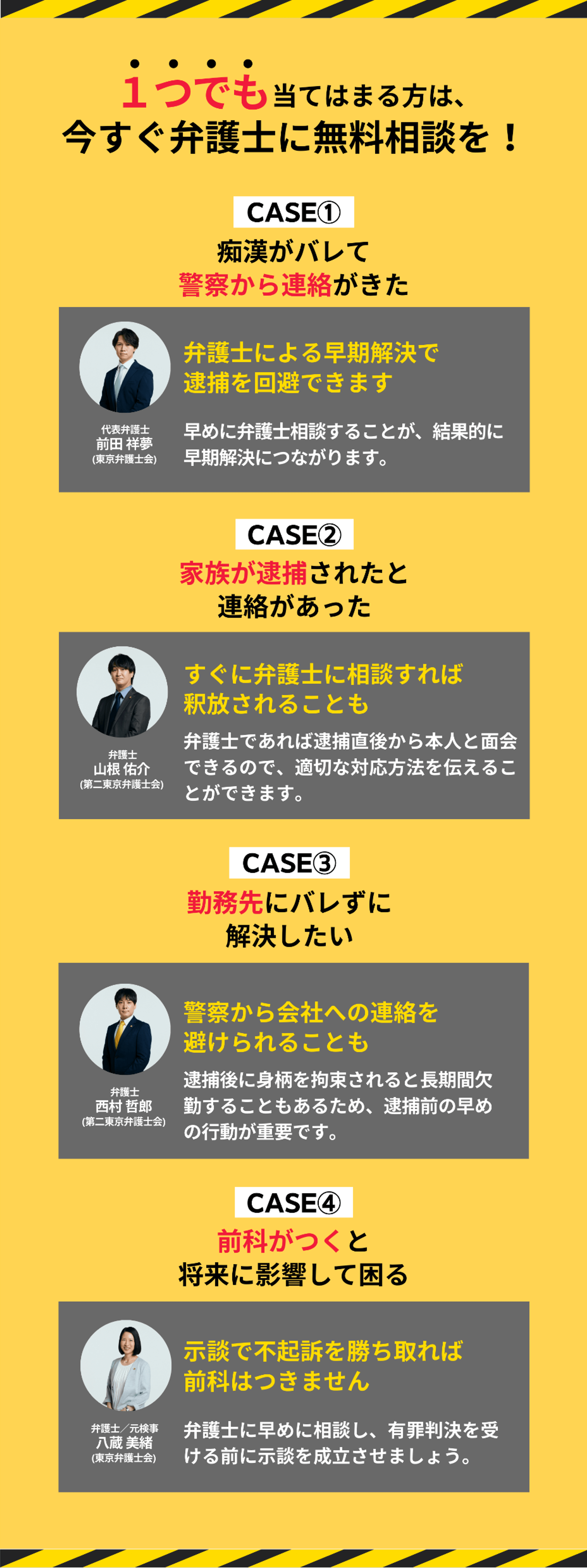 １つでも当てはまる方は今すぐ弁護士に無料相談を。①逮捕されたと警察から連絡があった　②痴漢がバレて現行犯逮捕された　③会社にバレずに解決したい。④前科がつくのはなんとか避けたい。
